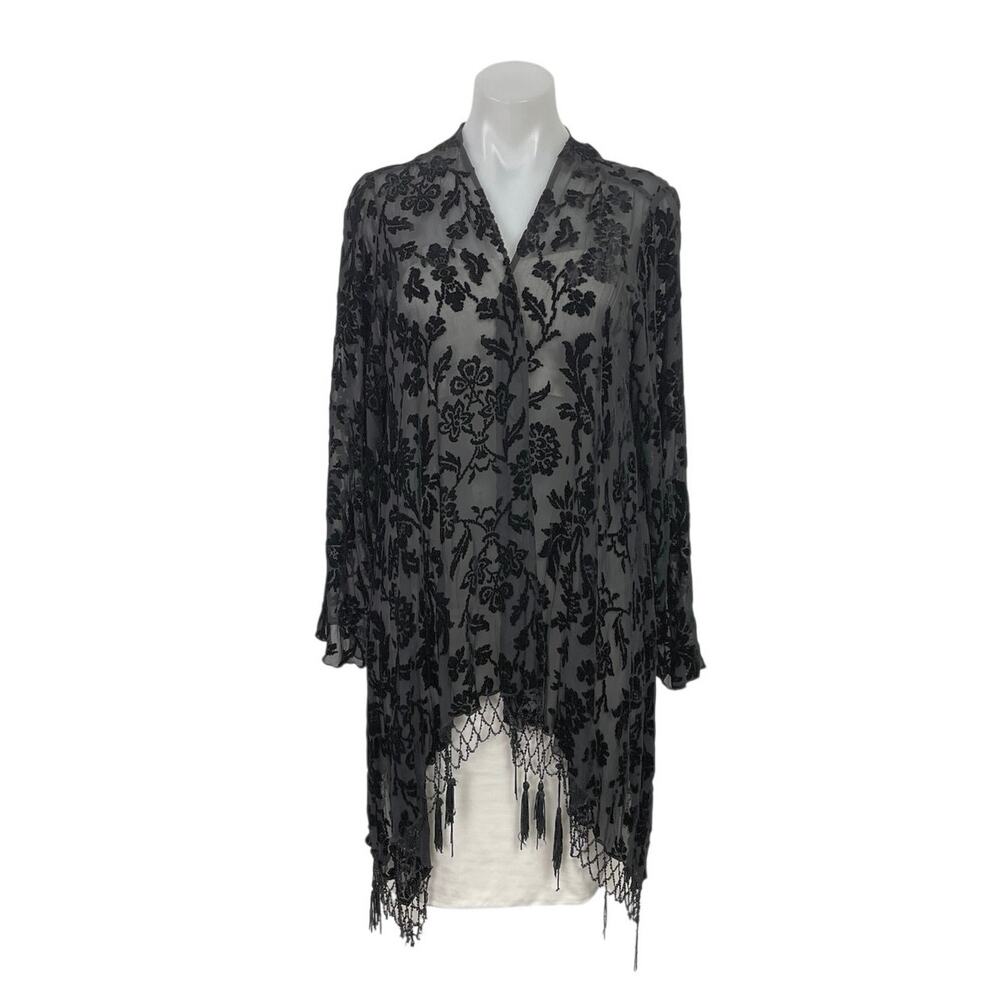 4 Love and Liberty Black Floral Burnout Velvet Jacquard Kimono Fringe Cardigan S